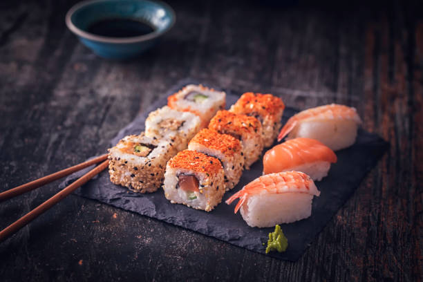istock Variation of Sushi served with Soy Sauce and Wasabi 801678004