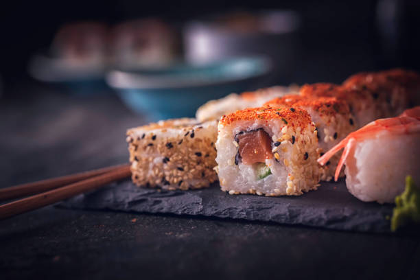 istock Variation of Sushi served with Soy Sauce and Wasabi 801678032
