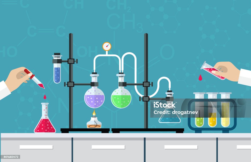 Medical Laboratory Desktop Medical Laboratory. Research, testing, studies in chemistry, physics, biology. laboratory equipment. Hands of doctor with pipette and test tube. Vector illustration flat design. Analyzing stock vector