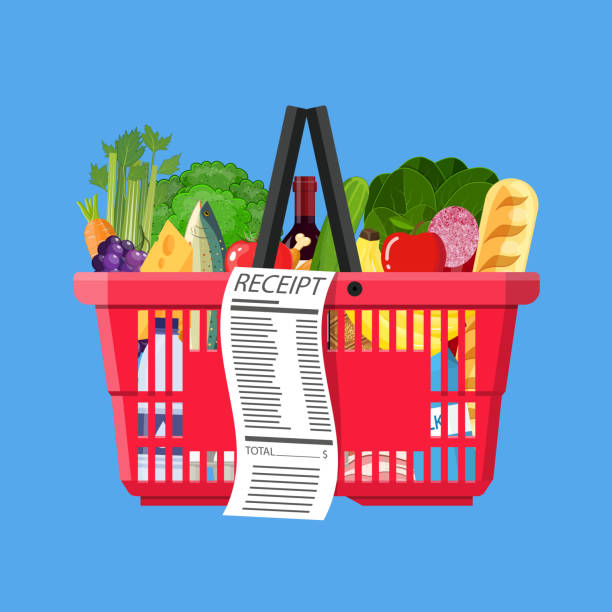 istock Plastic shopping basket full of groceries products 801683718