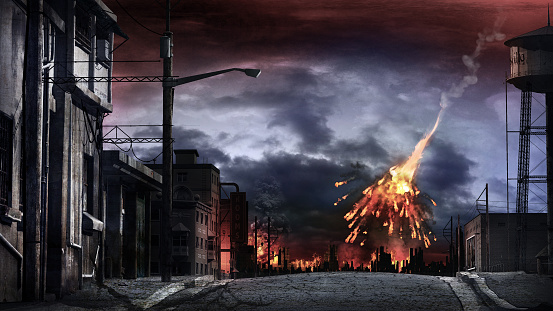 Apocalyptic scenery with exploding meteor and blazing city