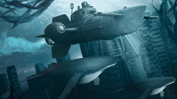istock Submarine over the sunken city 801686416