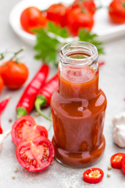 istock Tomato ketchup, chilli sauce, tomatos puree with chili pepper, tomatoes and garlic 801687014