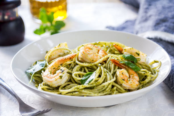 Spaghetti with Prawn in homemade Pesto sauce