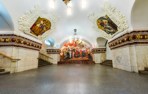 RUSSIA, MOSCOW - June 24, 2017. Metro station Kievskaya. Subway. Monument of the era of the USSR.