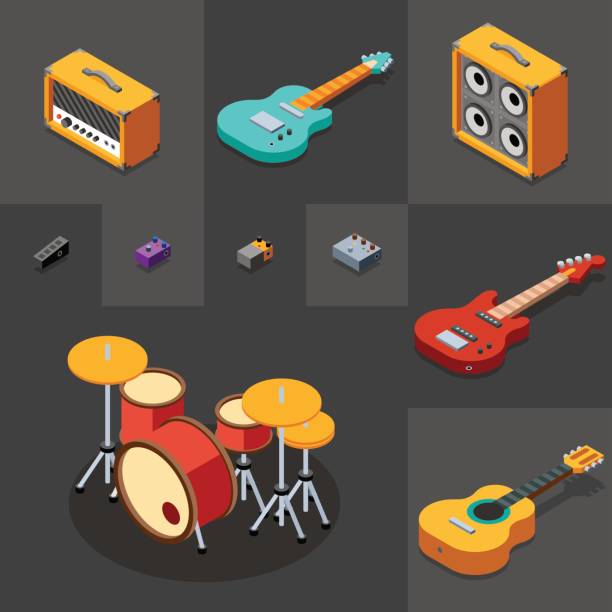 рок музыкальные инструменты иконы набор. 3d изометрический низкий поли плоский дизайн. векторная иллюстрация. - guitar pedal stock illustrations