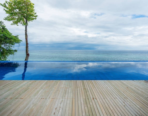 Tropical infinity swimming pool and wooden platform