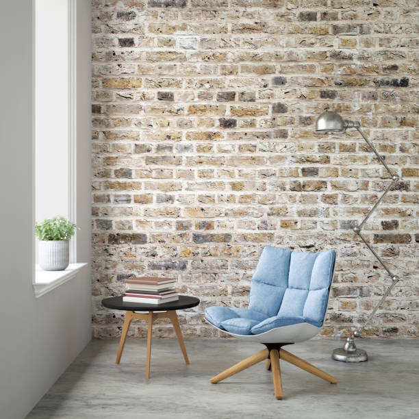 istock Interior hipster brick wall with chair and a table 801744288