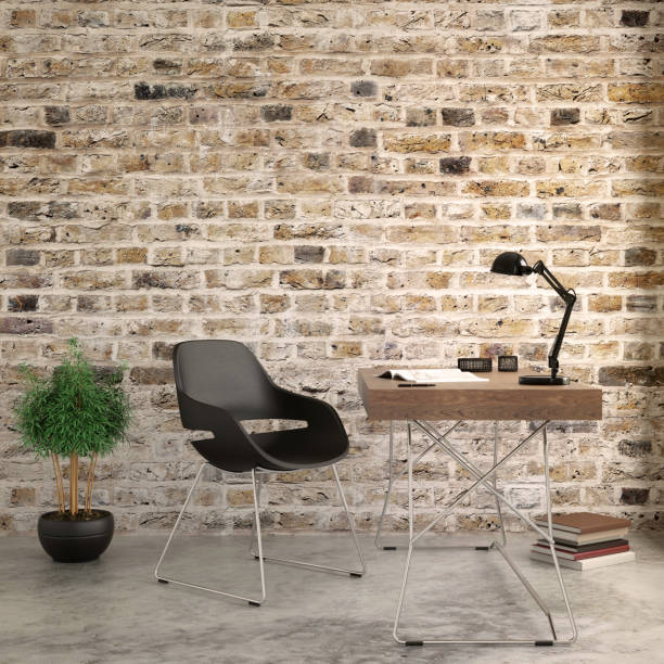 istock Interior hipster brick wall with chair and a table 801744484