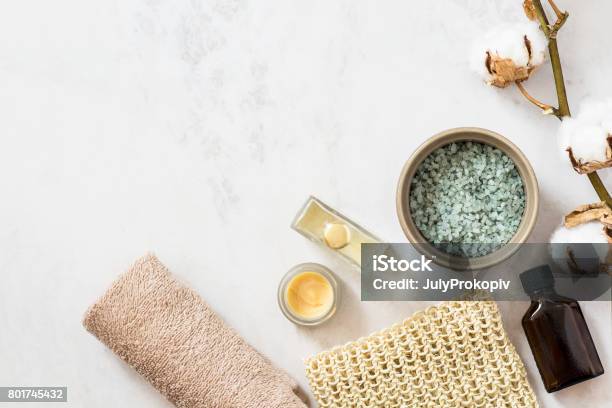 Organic Spa Cosmetic On Marble Background Stock Photo - Download Image Now - High Angle View, Spa, Bathroom