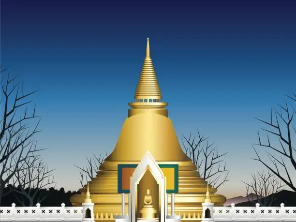 Vector illustration of grand temple pavilion and giant golden pagoda with statue in deep forest