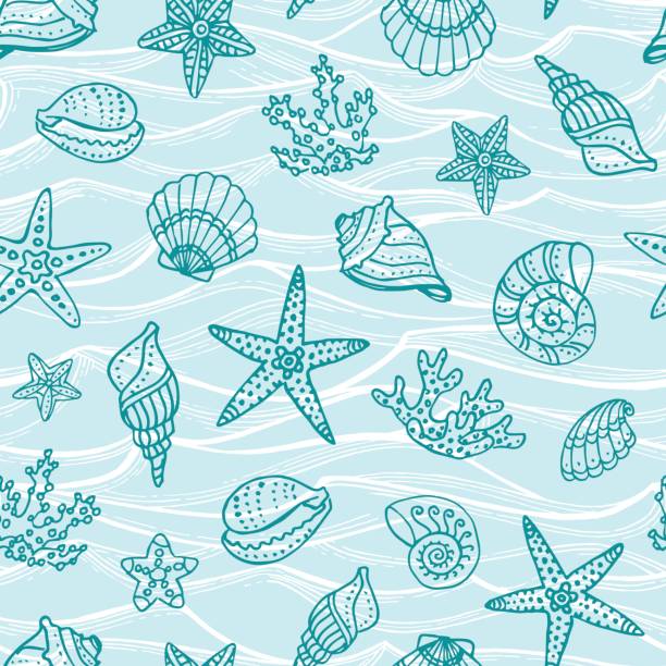 ilustrações de stock, clip art, desenhos animados e ícones de seamless pattern with doodle sea creatures. - etching starfish engraving engraved image
