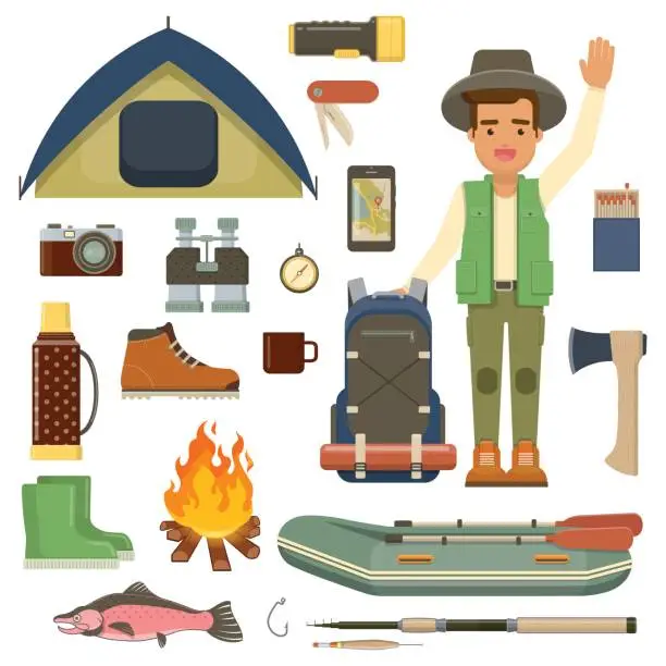 Vector illustration of Traveler man with backpack and set of camping equipment