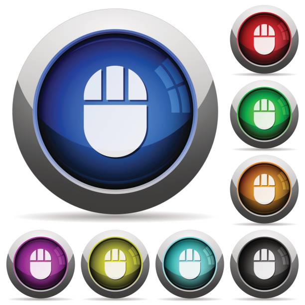 Three buttoned computer mouse round glossy buttons Three buttoned computer mouse icons in round glossy buttons with steel frames infra shape stock illustrations