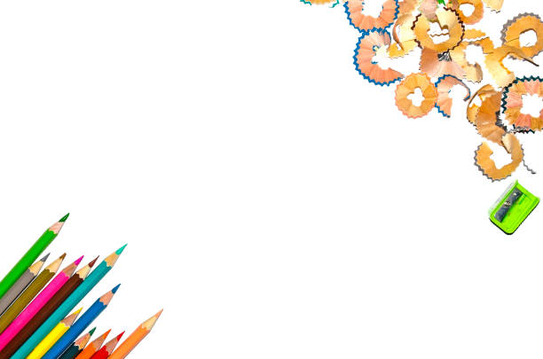 istock Color pencil with shavings on white background 801815350