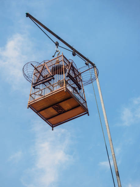 istock Bird cage hang on a pole,blue sky background 801815354