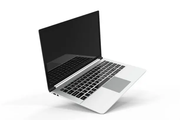 Photo of Modern computer, laptop blank mockup. Glossy laptop computer mock-up, 3D Rendering