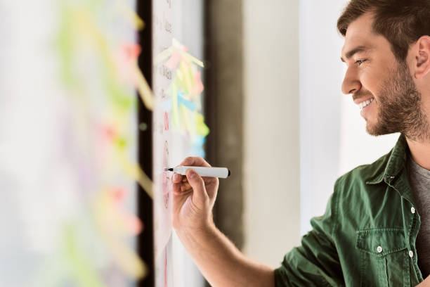 istock Cheerful male freelancer planning new project 801840532