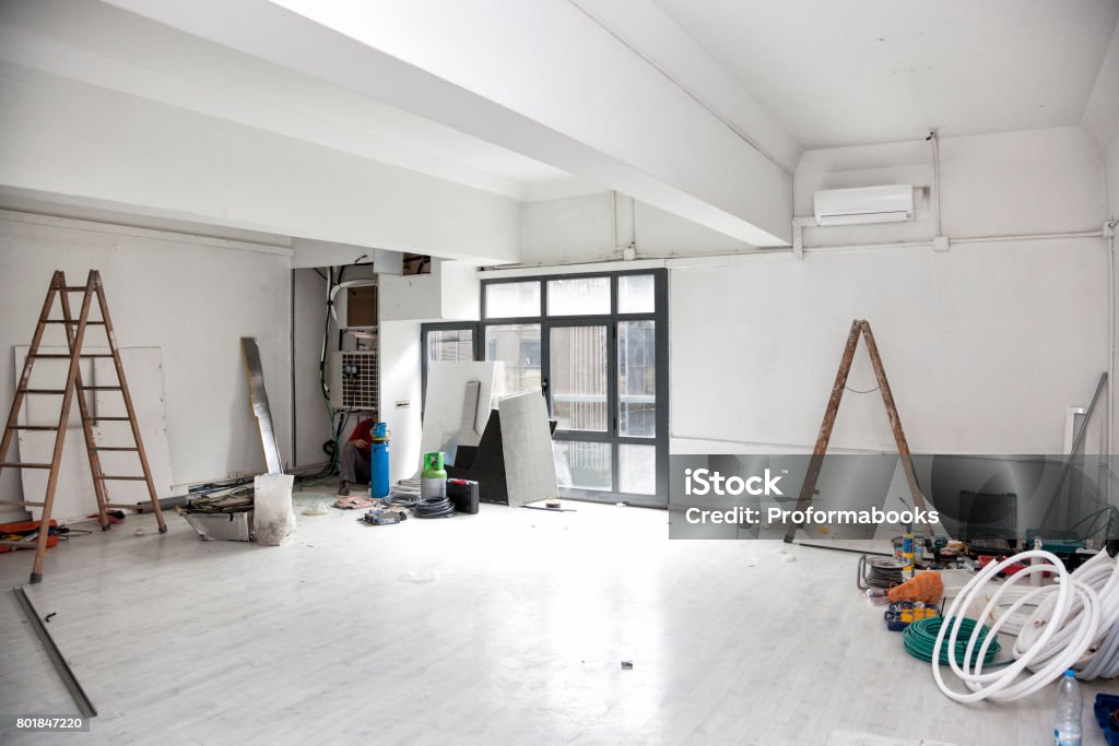 Construction works for the renovation of an office space and installing air conditioning. Reform Stock Photo