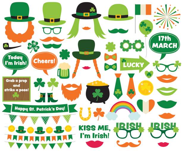 illustrazioni stock, clip art, cartoni animati e icone di tendenza di elementi di design del giorno di san patrizio e oggetti di scena per cabine fotografiche - leprechaun st patricks day cartoon luck