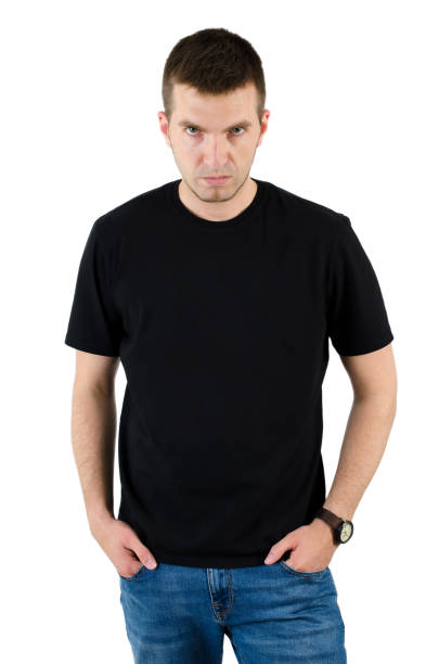 istock Angry man in black t-shirt on white background 801849808