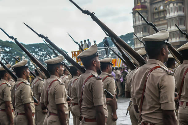 Mysore, India - October 11, 2016 :Parade or procession on Dussehra or Dasara festival Military guardsmen marching at Mysore Palace Karnataka, India.