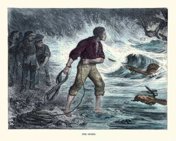 Charles Dickens - David Copperfield - The Storm Vintange illustration of a scene from the Charles Dickens novel David Copperfield.  The Storm, Ham Peggotty preparing to swim to the wreck and attempt the rescue of those unfortunates still onboard. by Fred Barnard charles dickens stock illustrations