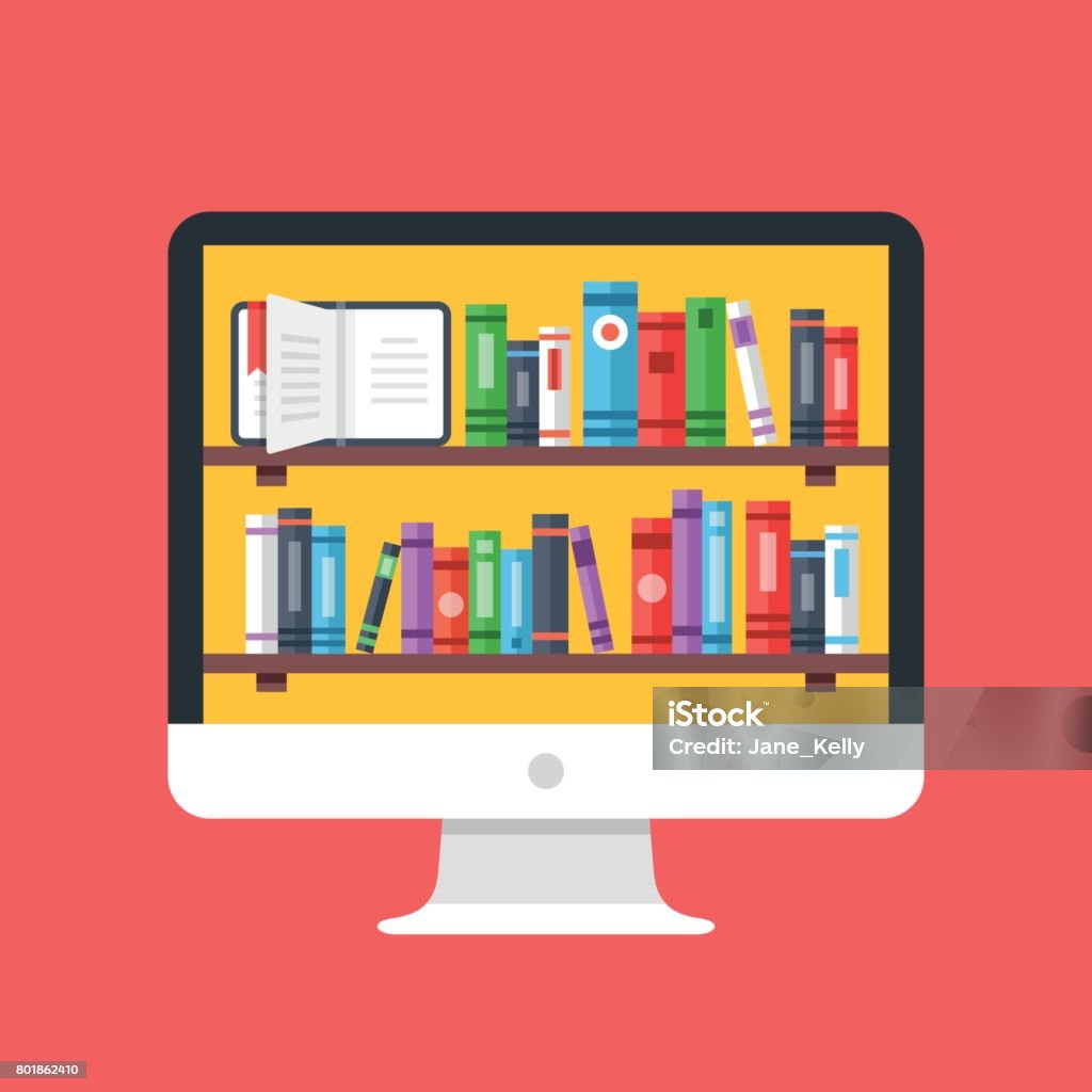 Bookshelves With Books On Computer Screen Desktop Pc With Books On