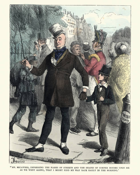 Charles Dickens - David Copperfield - Mr Micawber Vintange illustration of a scene from the Charles Dickens novel David Copperfield.  Mr Micawber, impressing the names of streets and the shapes of corner houses upon me as we went along, that I might find my way back easily in the morning. charles dickens stock illustrations