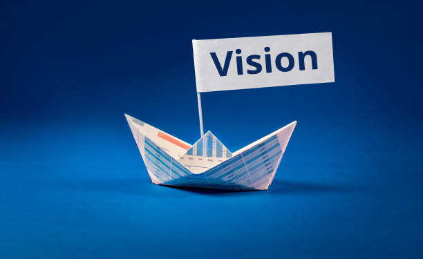 istock Vision word with Boat paper graph on blue ocean.Business concept. 801877916
