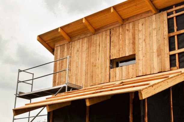 istock Ecological construction. Lining the house of larch boards. Heat insulation. Construction works. 801878298