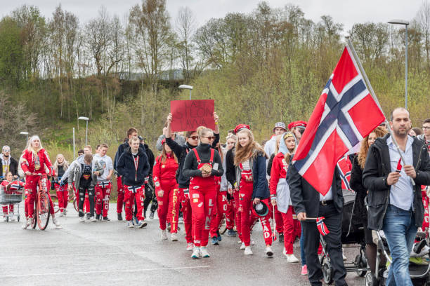 People on parde before school in Verdal, Norway. stock photo