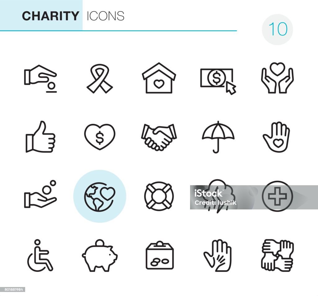Charity and Relief - Pixel Perfect icons 20 Outline Style - Black line - Pixel Perfect icons / Set #10 World Map stock vector