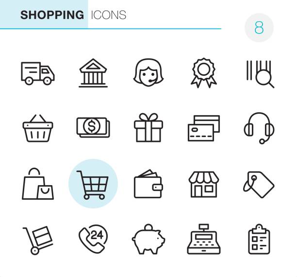 쇼핑-픽셀 완벽 한 아이콘 - symbol retail computer icon shopping bag stock illustrations