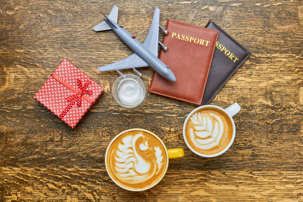 istock Toy plane, passport and hourglass. 801895114