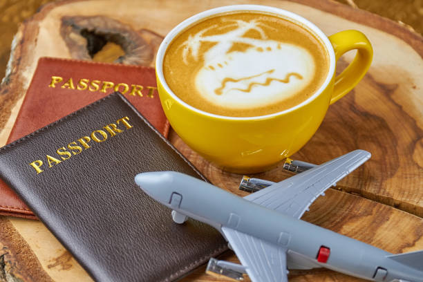 istock Passports, coffee and toy airplane. 801896306