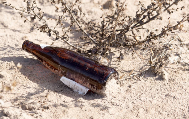 istock Glass bottles in the sand on nature. trash 801947882