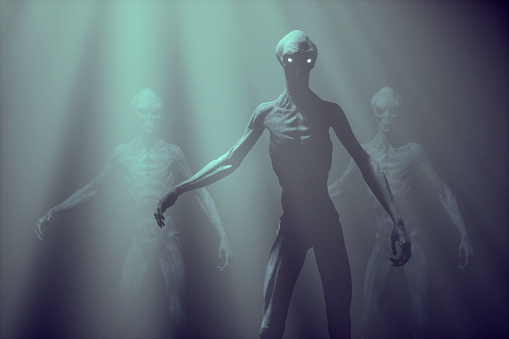 Alien humanoid creature standing in futuristic costume. Isolated 3D rendering.