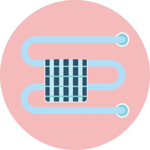 Vector illustration of Flat blue towel rail with towel, towel dryer icon