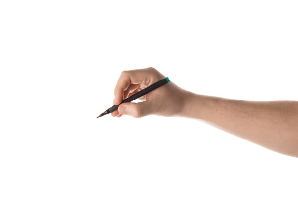 istock Male hand writing with the marker or felt pen. Isolated on white 801948298