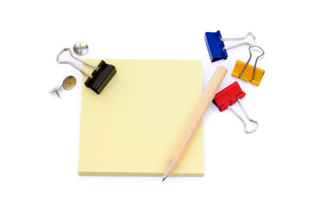 Office supplies isolated on white background, pencil, paper, staples, pencil sharpeners, pushpins