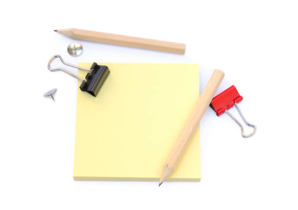 Office supplies isolated on white background, pencil, paper, staples, pencil sharpeners, pushpins
