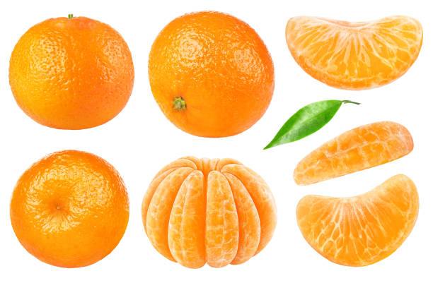 Isolated tangerine collection Isolated citrus collection. Whole tangerines or mandarin orange fruits and peeled segments isolated on white background with clipping path peeled photos stock pictures, royalty-free photos & images