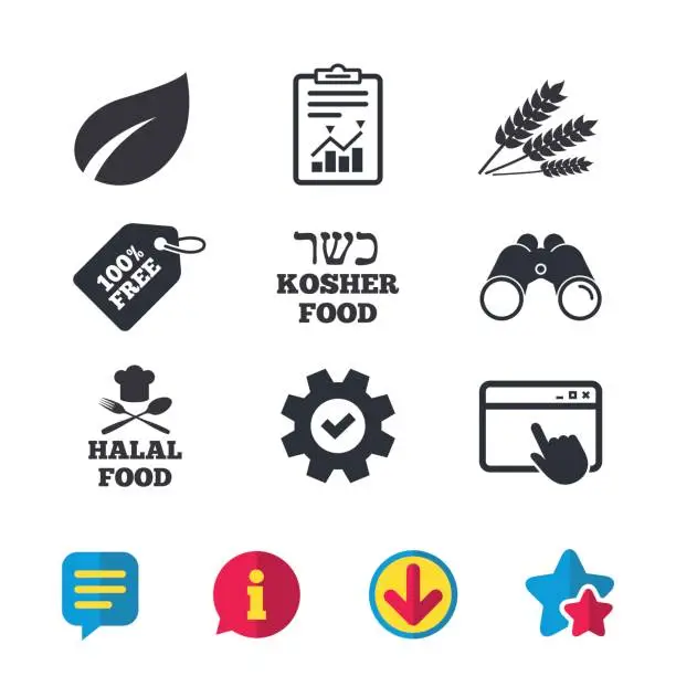 Vector illustration of Natural food icons. Halal and Kosher signs.