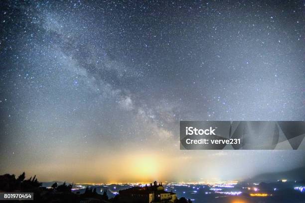 Milky Way Over The Meteora Greece Stock Photo - Download Image Now - Adventure, Agricultural Field, Astrology