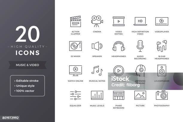Musique Et Vidéo Ligne Icônes Vecteurs libres de droits et plus d'images vectorielles de Film cinématographique - Film cinématographique, Icône de ligne, Musique