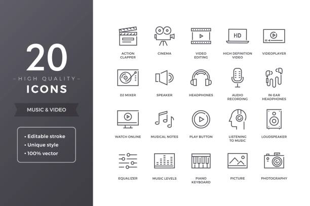 Music and Video Line Icons Music and video icons. Vector audio, cinema and multimedia icon set with editable stroke multimedia stock illustrations