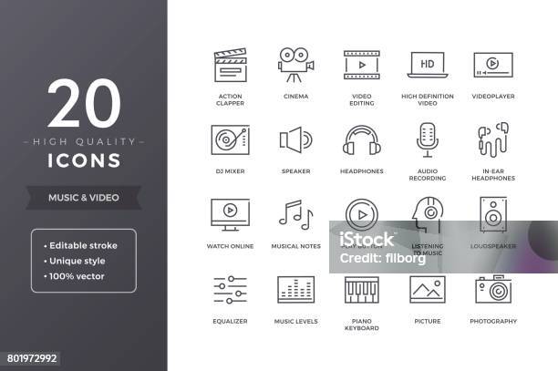 Music And Video Line Icons Stock Illustration - Download Image Now - Movie, Line Icon, Music