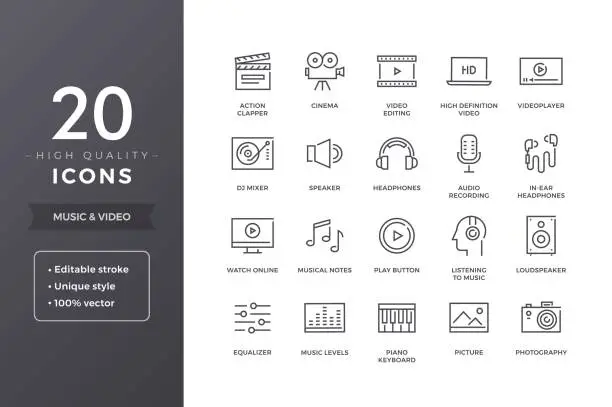 Vector illustration of Music and Video Line Icons