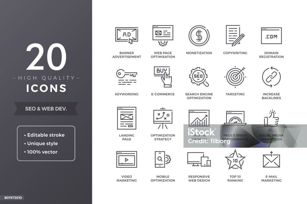 SEO Icons SEO line icons. Vector web development, website and web pages optimization icon set with editable stroke Traffic stock vector